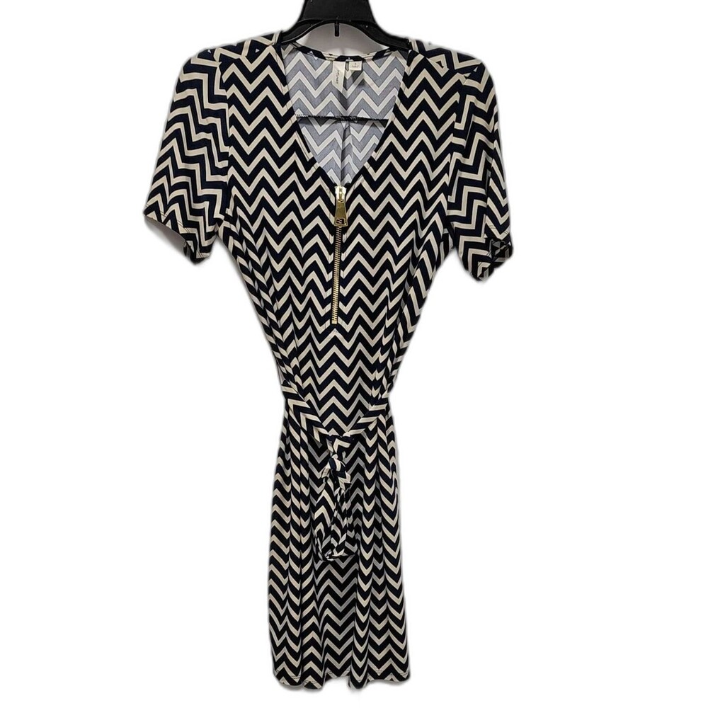 Tacera navy blue and cream chevron print dress - Size S